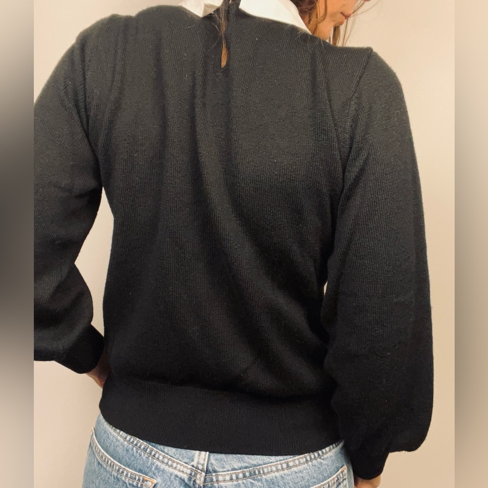 Kate Spade Black Wool Knit Top – White Mock Collar Preppy Sweater – Classic - M - Picture 9 of 10